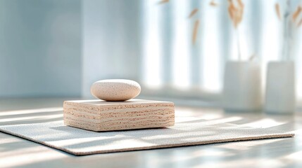 A serene composition featuring a smooth, light-colored stone resting on a layered wooden block, placed on a textured mat, with soft light and blurred background