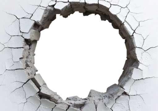 Hole breaking through white wall isolated on a transparent or white background