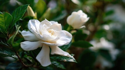 A white camellia bloom among glossy green leaves. Concept White camellia bloom, Glossy green leaves, Floral close-up, Garden flower, Elegant bloom