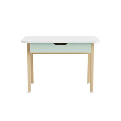 Modern desk with mint green drawer and light wooden legs on transparent background