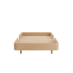 Minimalist light wood single bed frame with curved edges on transparent background