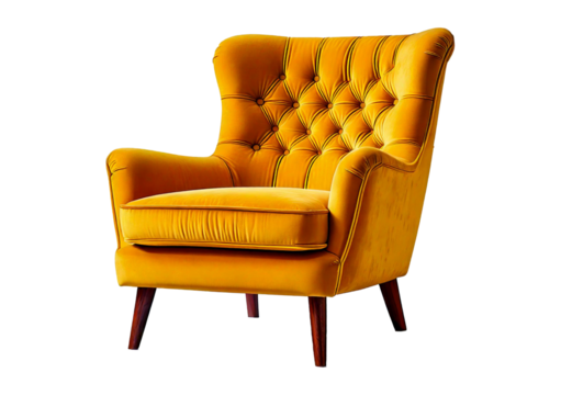 Luxurious yellow armchair with elegant curves and wooden legs, isolated on a transparent or white background.