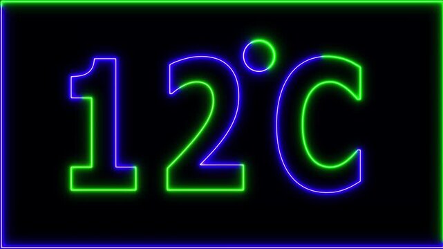 Neon 12&deg;C temperature display showing on black background. Weather temperature displays by degree, climate change, Scientific designs.