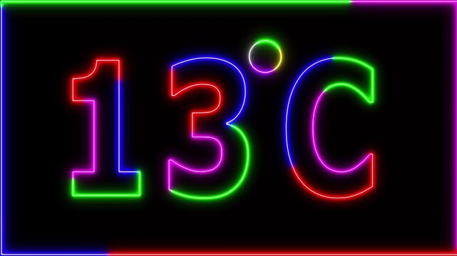 Neon 13&deg;C temperature display showing on black background. Weather temperature displays by degree, climate change, Scientific designs.