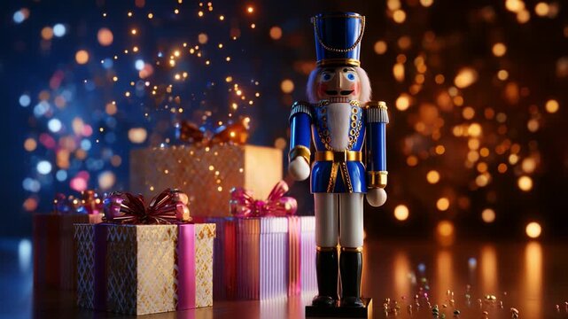 A festive nutcracker figure stands proudly beside beautifully wrapped presents, glimmering with magical sparkles in a warm, colorful holiday setting that captures the essence of joyful celebrations