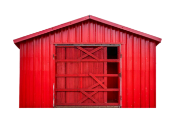 Red metal shed structure outdoor building rural area. isolated on a transparent or white background.
