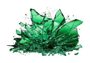 Shattered green glass fragments isolated on a transparent or white background