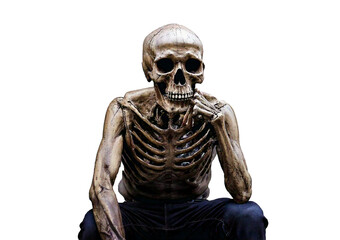 Skull sitting and thinking isolated on a transparent or white background.