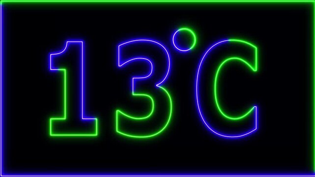 Neon 13&deg;C temperature display showing on black background. Weather temperature displays by degree, climate change, Scientific designs.