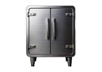 Storage solutions stainless steel cabinet in modern kitchen isolated on a transparent or white background.