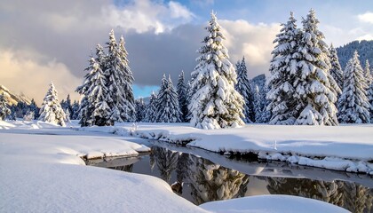 A serene winter scene with snow-covered evergreens lining the edge of a tranquil stream, bathed in sunlight under a cloudy sky