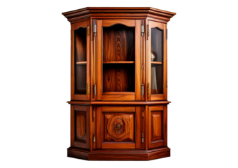 Stylish wooden corner cabinet elegant home decor solution isolated on a transparent or white background.
