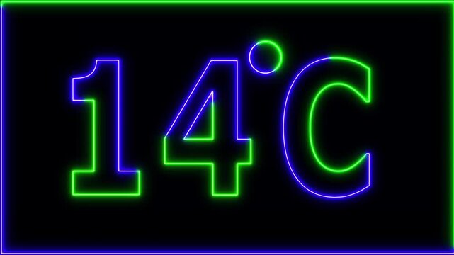 Neon 14&deg;C temperature display showing on black background. Weather temperature displays by degree, climate change, Scientific designs.
