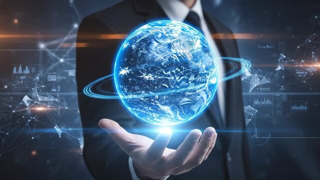 Businessman Holding Glowing Digital Earth Globe with Network Connections, Symbolizing Global Technology, Future Business, and Environmental Responsibility