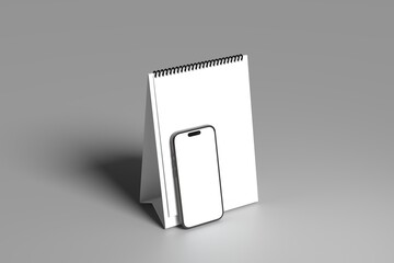 3D realistic high quality smartphone mockup with isolated background. Smart phone mockup collection. Device front view. And Close up of desk calendar 2026  3D mobile phone with shadow on white backgro