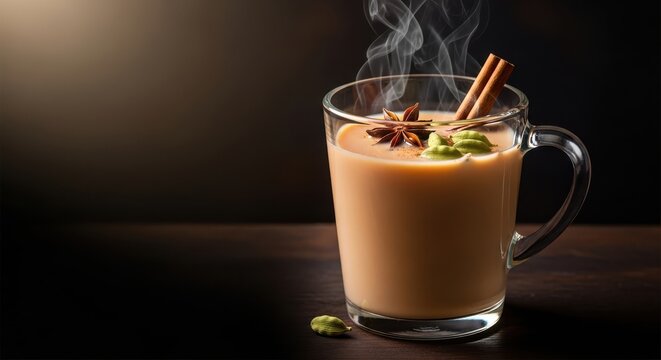 Steaming hot chai tea in a clear glass mug with cinnamon sticks and star anise a comforting beverage - Powered by Adobe