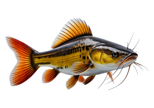 Vibrant catfish with distinct whiskers and colorful fins is displayed against isolated on a transparent or white background.