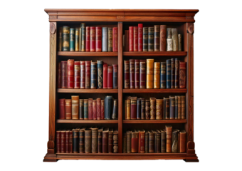 Vintage wooden bookshelf filled with antique books, showcasing ornate spines and aged isolated on a transparent or white background.