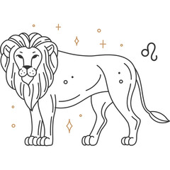 Stylized Outline Illustration of a Majestic Lion Zodiac Symbol Leo With Golden Sparkles On Transparent Background