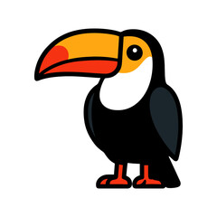 Naklejka premium Cartoon toucan with bright beak and black feathers on white background.