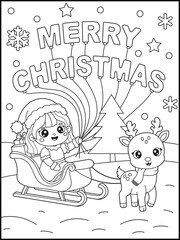 Kawaii Girl Holding Merry Christmas Balloons in Sleigh Illustration. Holiday coloring page for kids and adults.