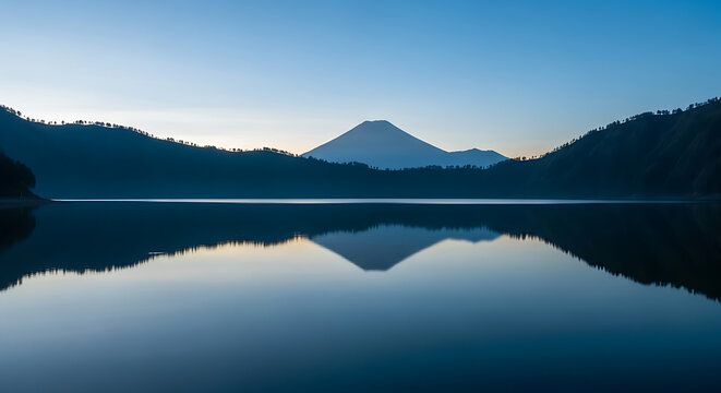 Aerial View of Ranu Kumbolo Lake and Mount Semeru at Blue Hour Java