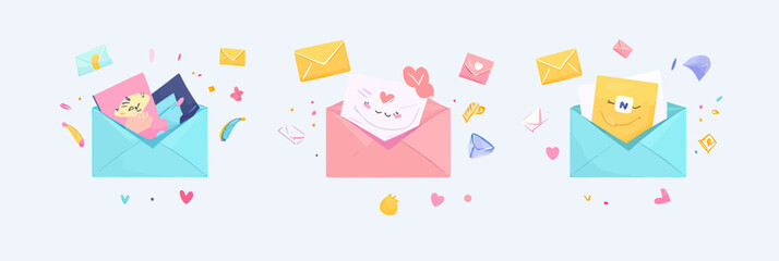 Fototapeta premium Set of three colorful open envelopes with cute paper characters and flying mail icons in flat vector illustration style for email communication and messaging concepts