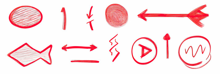 Hand drawn red marker arrows underline circle ellipse fish shape play button and abstract doodle sketch vector set for emphasis and decoration elements