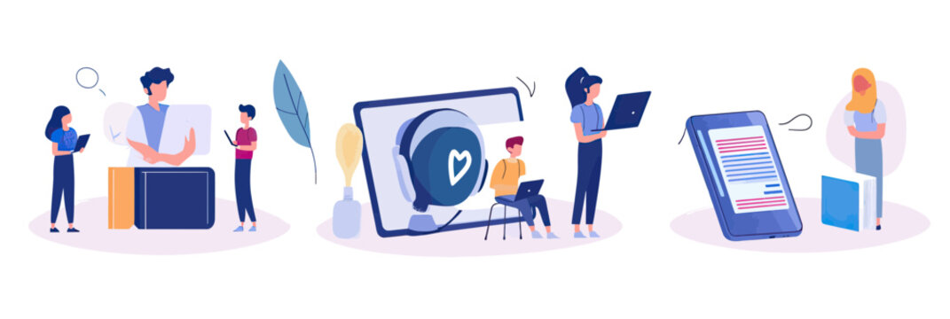 People engaged in online learning using laptops and smartphones with digital education icons in minimalist flat vector style