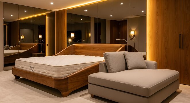 Luxury sleep space combining a sculpted bed and upholstered dewan against a broad mirror surface, warm highlights, refined materials, and true-to-life HD depth