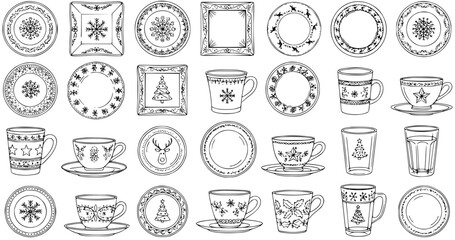 Hand-Drawn Christmas Dishes: Plates, Cups, and Glasses Vector Illustration
