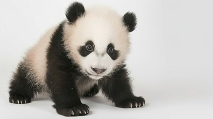 Naklejka premium Adorable Panda Cub Collection: Cute Panda Cubs with Bamboo, Playful Poses, and Pure White Backgrounds for Wildlife, Nature, and Conservation Inspiration
