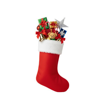 Red christmas stocking overflowing with holiday gifts