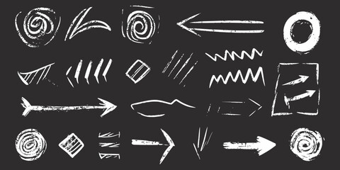 Hand drawn chalk style white arrows, spirals, squiggles, and scribble design elements on blackboard background, grunge sketch vector set for creative projects and presentations