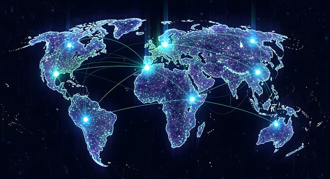 Global connectivity and digital network spanning the world with illuminated cities and connecting lines