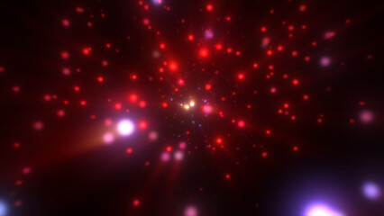 Fiery red cosmic explosion with glowing particles and bright energy radiating from a dark background