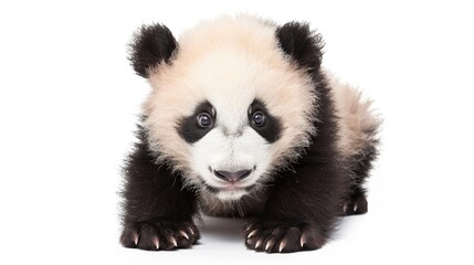 Naklejka premium Adorable Panda Cub Collection: Cute Panda Cubs with Bamboo, Playful Poses, and Pure White Backgrounds for Wildlife, Nature, and Conservation Inspiration