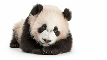 Naklejka premium Adorable Panda Cub Collection: Cute Panda Cubs with Bamboo, Playful Poses, and Pure White Backgrounds for Wildlife, Nature, and Conservation Inspiration