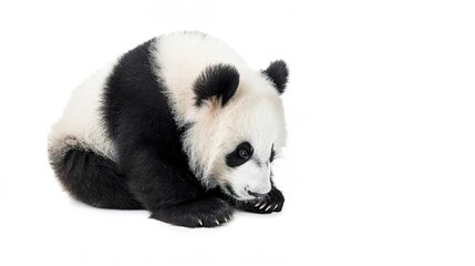 Fototapeta premium Adorable Panda Cub Collection: Cute Panda Cubs with Bamboo, Playful Poses, and Pure White Backgrounds for Wildlife, Nature, and Conservation Inspiration