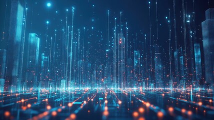 Futuristic city skyline with digital data streams and glowing lights