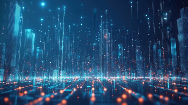 Futuristic city skyline with digital data streams and glowing lights