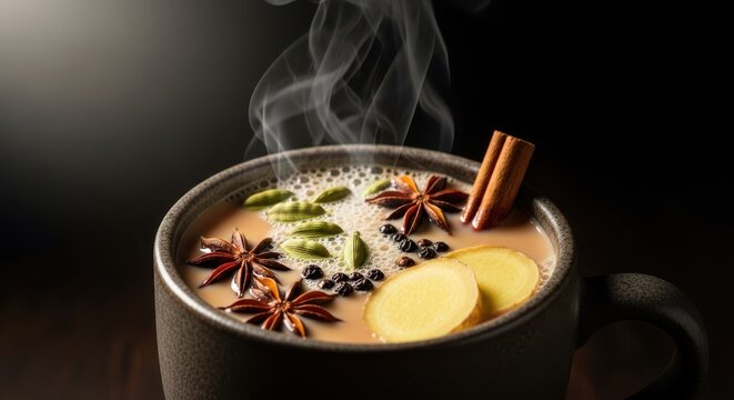 Close up of steaming hot chai tea with cinnamon sticks star anise and cardamom pods in a dark mug