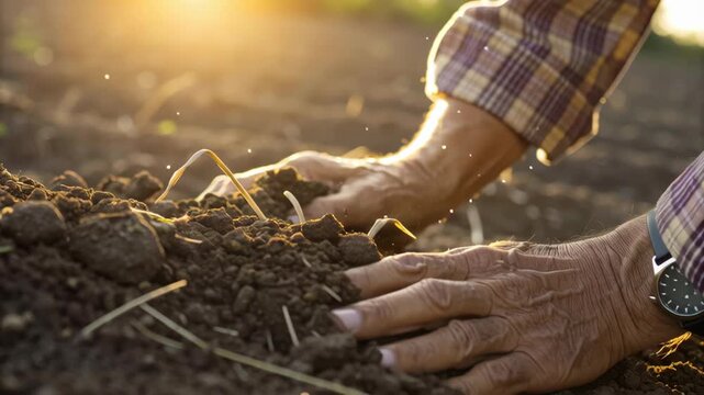 Elderly hands planting seedling soil golden sunrise with sunlight and nurturing touch hands inspecting fertile soil agricultural field close up