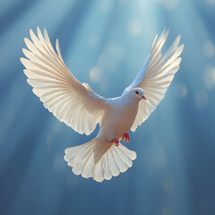  White dove flying with wings spread against a serene blue sky, illuminated by subtle light