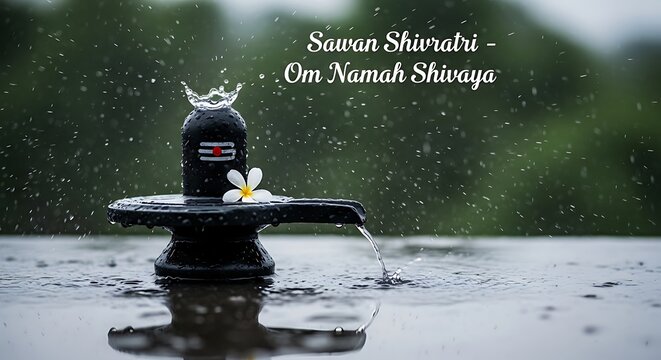 A serene depiction of a shiva lingam during sawan shivratri, adorned with a delicate white flower, symbolizing devotion and spirituality in the monsoon season, with om namah shivaya