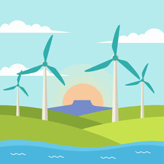 Fototapeta premium An illustration of wind turbines generating renewable energy in a beautiful natural landscape during sunset.