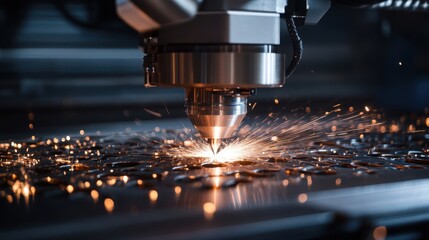 Laser cutting machine processing metal with sparks, industrial manufacturing