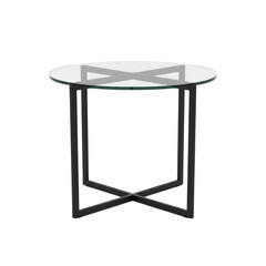 Round glass top side table with black metal legs on transparent background