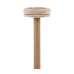 Tall cat scratching post with cozy circular bed on top on transparent background