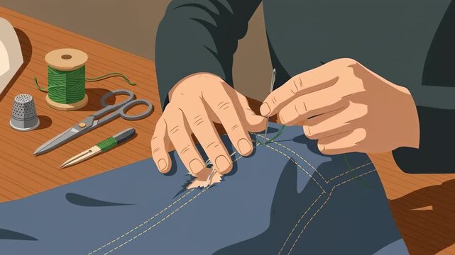 Person Mending Torn Jeans with Needle and Thread on a Table.